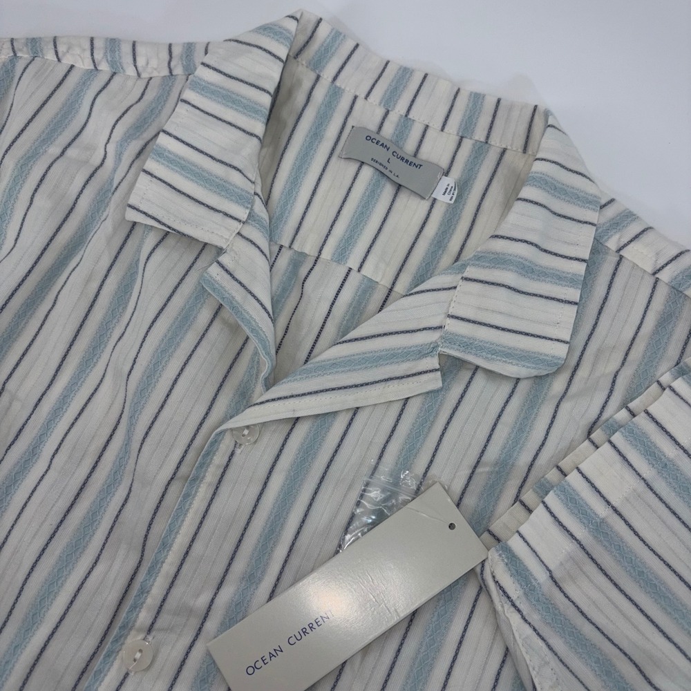 Ocean Current Mens Large Blue White Striped Cotton Camp Collar Button Down NWT